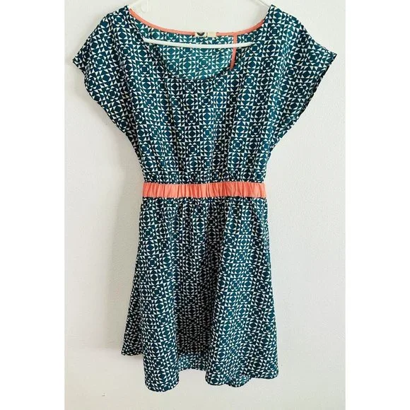 roxy skater dresses Roxy Skater Dress Size L Junior Turquoise White Geometric Print Peach Accent